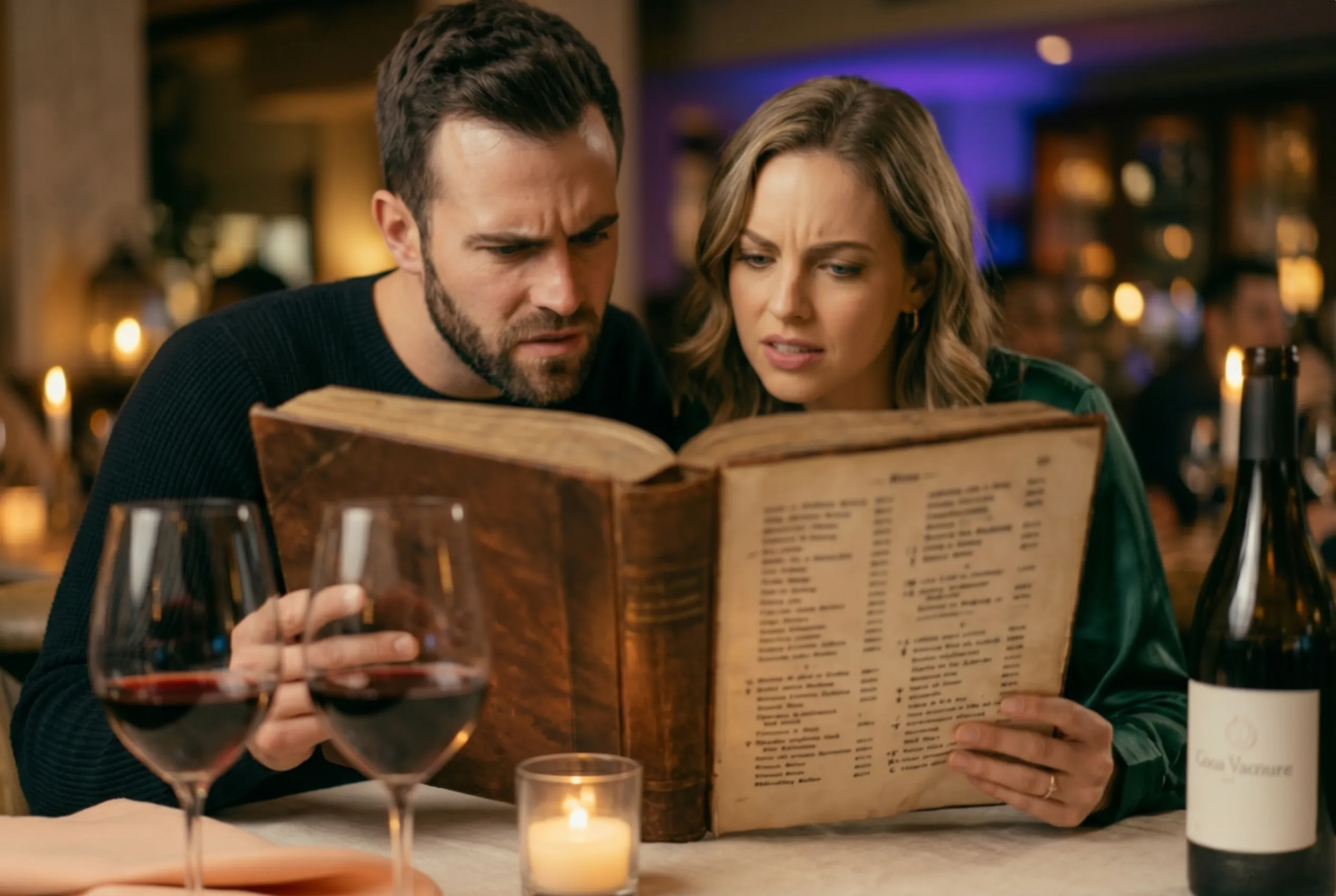 Due clienti perplessi consultano una vecchia carta vini cartacea al ristorante
