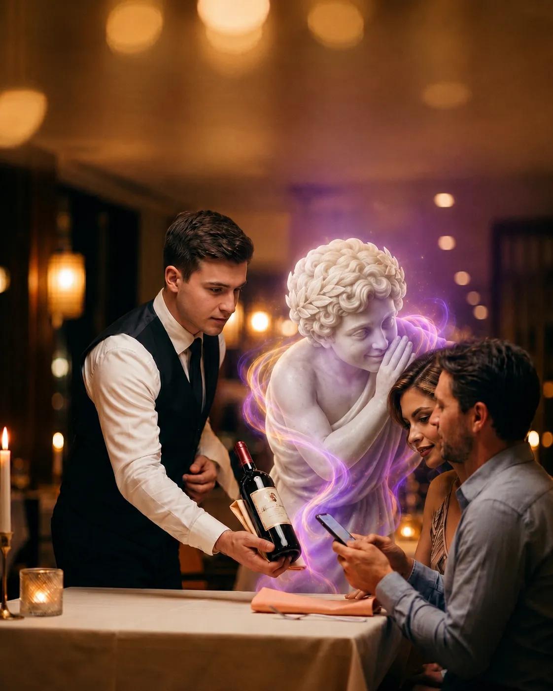 Un sommelier presenta il vino a una coppia al ristorante, con Dioniso evocato accanto al tavolo